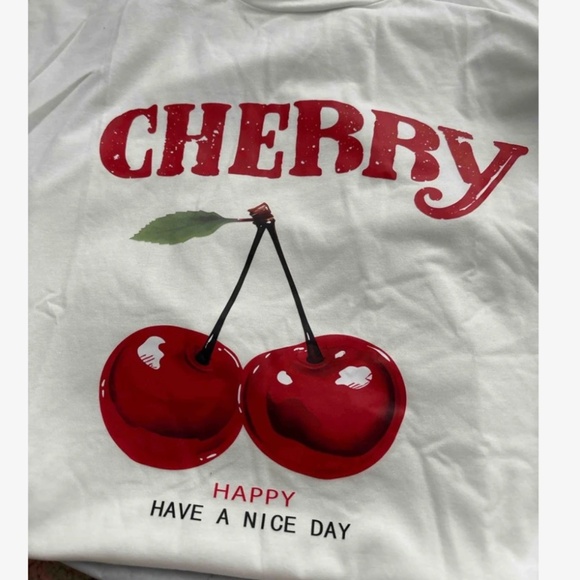Cotton Blend Cherry Print White Crewneck Oversized Tee Shirt - Picture 6 of 7
